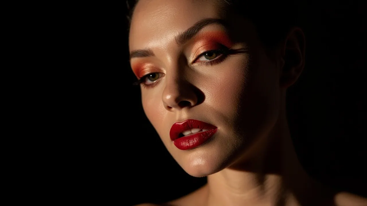 Dramatischer Editorial-Make-up-Look mit kühnem Lidschatten in Studiolicht